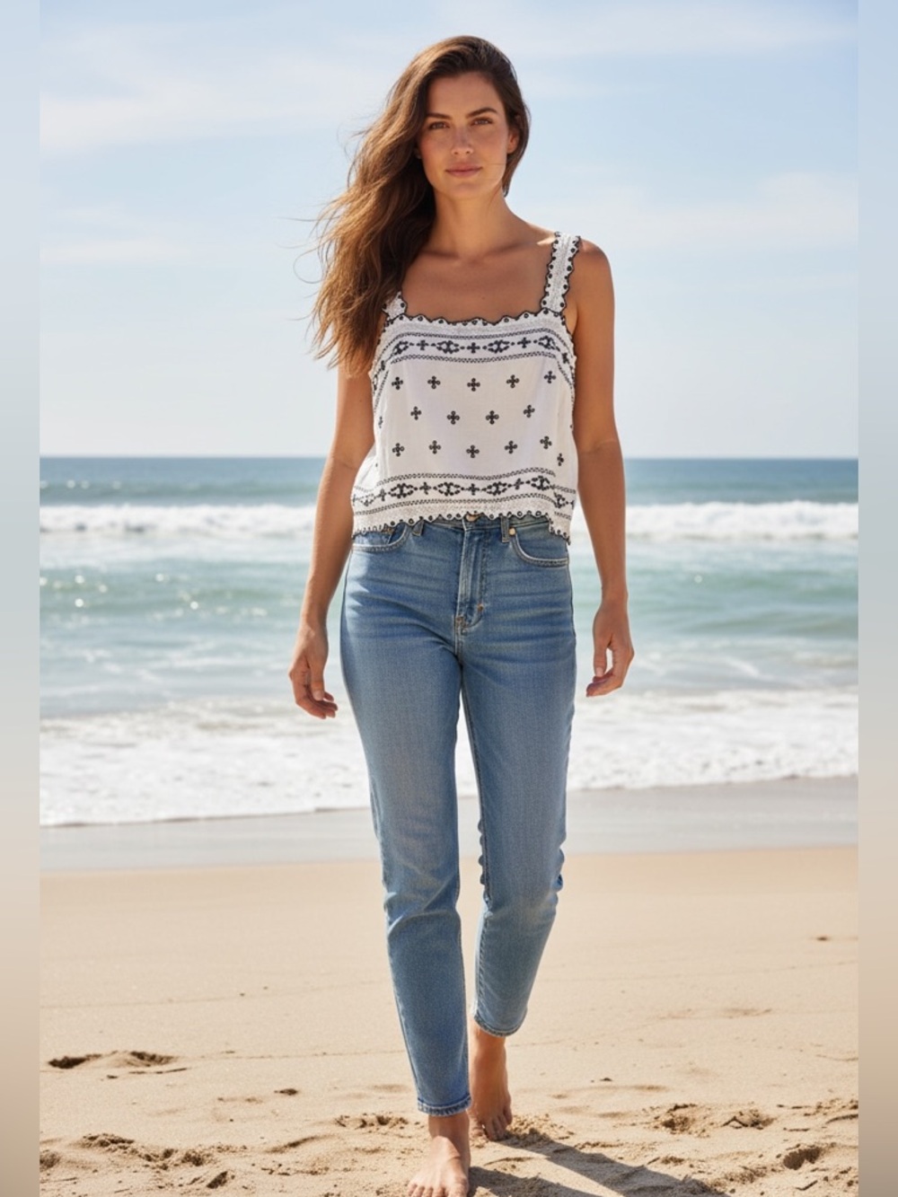 Abercrombie & Fitch White Linen Embroidered Square-Neck Cami Boho Coquette Sz XL
